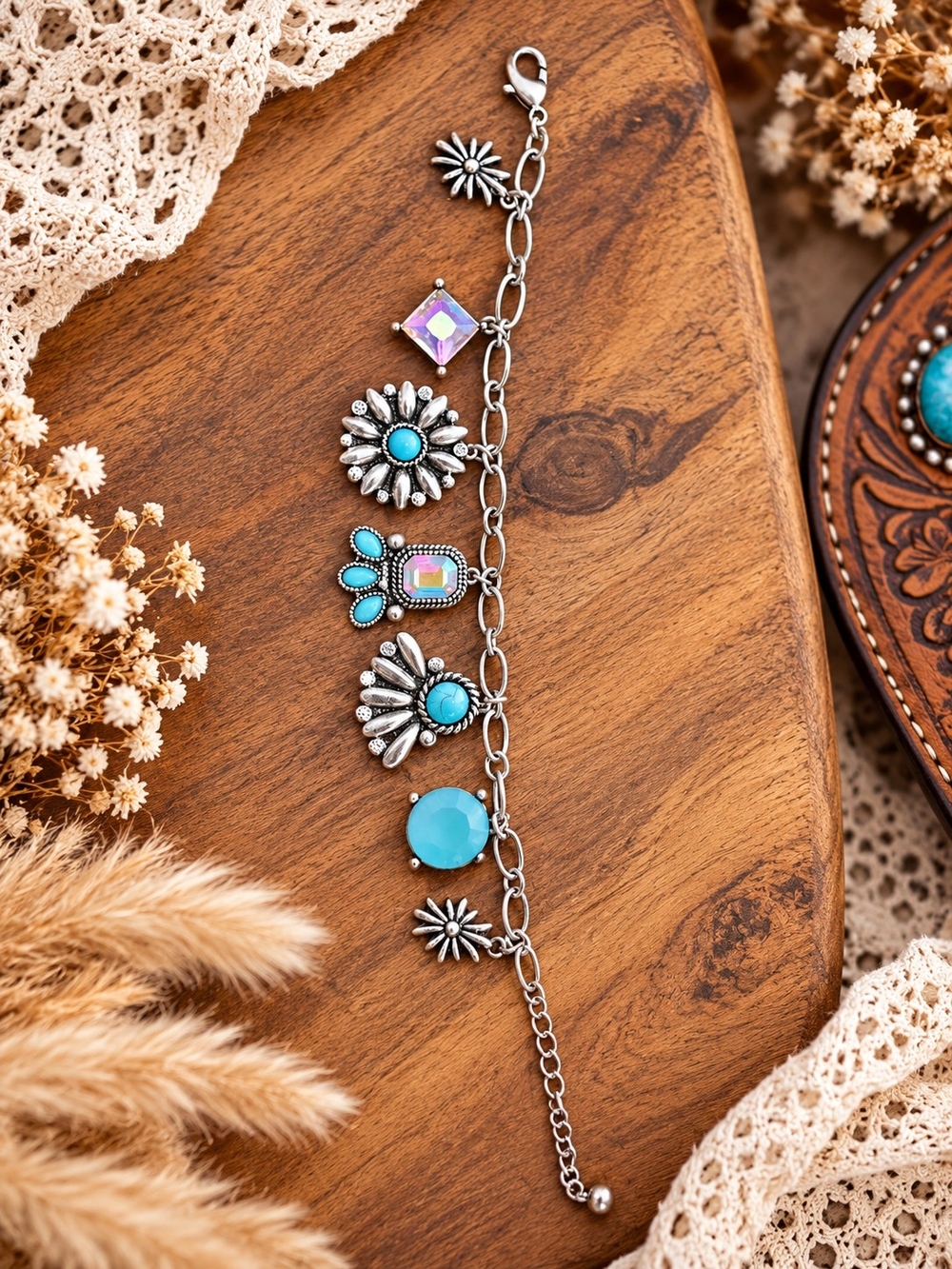 Western Turquoise Style Charm Bracelet – Silver Tone